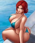  1girl 1girl alluring ass big_ass big_breasts bikini breasts bubble_butt caucasian cleavage curvy dat_ass flowerxl freckles huge_breasts legs looking_at_viewer non-nude orange_hair outside pool sexy sitting slut the_witcher the_witcher_3 thick thick_thighs thong triss_merigold water wet wide_hips 