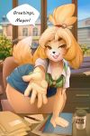 1girl 2017 animal_crossing anthro black_nose canine clothed clothing dialogue dog english_text furry hair inside isabelle_(animal_crossing) iskra looking_at_viewer mammal nintendo open_mouth shih_tzu text video_games