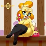  1girl 1girl 2017 animal_crossing anthro areola black_nose blue_eyes breasts canine clothing crossed_legs dog eyewear footwear furry glasses hair high_res holding_object holding_phone isabelle_(animal_crossing) kloudmutt legwear looking_at_viewer mammal nintendo nipples open_mouth phone shih_tzu shoes sitting video_games 