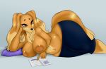 1girl 2017 absurd_res anthro areola big_breasts breasts canine clothed clothing dog dogmom_(cherrikissu) furry high_res lying mabel_(cherrikissu) mammal neronova nipples on_side original reading slightly_chubby thick_thighs topless wide_hips