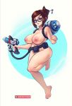  1girl 5_fingers 5_toes areola barefoot big_breasts breasts brown_eyes brown_hair feet female_only glasses looking_at_viewer mei-ling_zhou nipples no_shoes overwatch supersatanson toes 
