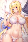  1girl alice_schuberg alluring areola bangs bed bed_sheet big_breasts blonde_hair blue_eyes blue_ribbon blush bow bra breasts cameltoe cleavage cleft_of_venus commentary_request embarrassed eyebrows_visible_through_hair hair_bow hair_intakes hair_ribbon hairband hand_up high_res kawase_seiki long_hair looking_at_viewer lying nail_polish nipples on_back open_mouth orange_nails panties pillow ribbon shiny shiny_skin shirt short_sleeves sidelocks sweat sword_art_online sword_art_online:_alicization underwear very_long_hair voluptuous white_hairband white_panties 