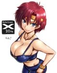  1girl 1girl after_war_gundam_x amania_orz big_breasts blue_eyes bracelet breasts cleavage ennil_el gundam headband jewelry looking_at_viewer necklace red_hair shiny shiny_skin short_hair smile strap_gap tanktop white_background 
