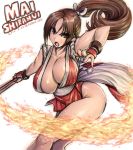  1girl amania_orz blush breasts brown_eyes brown_hair center_opening cleavage closed_fan collarbone fan fire folding_fan hair_ornament huge_breasts japanese_clothes king_of_fighters long_hair mai_shiranui ninja open_mouth pelvic_curtain ponytail revealing_clothes shiny shiny_skin shiranui_mai sideboob simple_background thighs 