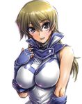  1girl amania_orz bare_shoulders big_breasts blonde_hair breasts brown_eyes fingerless_gloves gloves impossible_clothes long_hair looking_at_viewer school_uniform shiny shiny_clothes shiny_skin tenjouin_asuka white_background yu-gi-oh! yuu-gi-ou_gx 