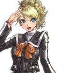  1girl amania_orz black_clothes blonde_hair blue_eyes bow lisa_silverman looking_at_viewer open_mouth persona persona_2 salute school_uniform shiny shiny_clothes upper_body white_background 