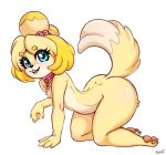  1girl 1girl 2017 all_fours animal_crossing anthro blue_eyes canine collar dog eyelashes furry hair isabelle_(animal_crossing) looking_at_viewer mammal nintendo open_mouth pawpads shih_tzu simple_background sorcerushorserus video_games white_background 