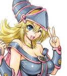  1girl amania_orz bare_shoulders big_breasts blonde_hair blue_eyes blush_stickers breasts cleavage dark_magician_girl duel_monster hat long_hair looking_at_viewer magical_girl open_mouth pentagram shiny_skin smile v white_background wink wizard_hat yu-gi-oh! yuu-gi-ou_duel_monsters 