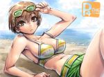 1girl 2016 amania_orz artist_name beach big_breasts bikini bikini_top blush breasts brown_eyes brown_hair character_name chie_satonaka cleavage closed_mouth cloud coast collarbone dated day glasses glasses_on_head looking_at_viewer lying navel ocean on_back outside persona persona_4 sand satonaka_chie shore short_hair shorts sky sunglasses swimsuit water yellow yellow-framed_eyewear