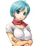 10s 1girl amania_orz big_breasts blue_hair breasts bulma bulma_brief dragon_ball dragon_ball_super female_only green_eyes looking_at_viewer open_mouth shiny shiny_skin short_hair upper_body white_background