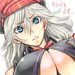  10s 1girl 1girl alisa_ilinichina_amiella amania_orz big_breasts blue_eyes blush breasts god_eater god_eater_burst image_sample long_hair looking_at_viewer no_bra silver_hair simple_background sweat under_boob white_background 