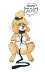  1girl 1girl 2017 alpha_channel animal_crossing anthro bell breasts canine choker collar digital_media_(artwork) dog english_text fur furry hairband hand_on_breast isabelle_(animal_crossing) leash long_ears looking_at_viewer mammal navel newd nintendo nipples nude simple_background sitting slightly_chubby tail_between_legs tail_covering_crotch text transparent_background unusual_pupils video_games yellow_fur 
