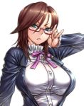  10s 1girl adjusting_glasses amania_orz big_breasts breasts brown_hair concrete_revolutio formal frills glasses green_eyes lips long_hair long_sleeves looking_at_viewer parted_lips red-framed_glasses semi-rimless_glasses shiny shiny_clothes shiny_hair sidelocks suit touzaki_michiko white_background 