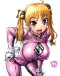  10s 1girl amania_orz bakuon!! bell bent_over big_breasts biker_clothes bikesuit blonde_hair bodysuit breasts erect_nipples hair_bell hair_ornament looking_at_viewer open_mouth pink_bodysuit pink_clothes shiny shiny_clothes suzunoki_rin twin_tails white_background 
