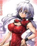  10s 1girl ahoge alternate_costume amania_orz armpits big_breasts blush breasts china_dress chinese_clothes cleavage cleavage_cutout covered_navel dress hand_on_hip looking_at_viewer pelvic_curtain purple_eyes scrunchie senki_zesshou_symphogear side_slit silver_hair simple_background sketch standing taut_clothes twin_tails upper_body white_background wristband yukine_chris 