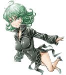 1girl amania_orz bare_legs black_dress breasts clothed_navel curly_hair dress flying green_eyes green_hair looking_at_viewer navel one-punch_man short_hair small_breasts tatsumaki thighs white_background