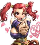  1girl amania_orz anniversary bare_shoulders breasts cleavage corset dragon_quest dragon_quest_viii huge_breasts jessica_albert one_eye_closed open_mouth pointing purple_shirt red_hair shirt smile twin_tails white_background 