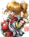  1girl ;d amania_orz anniversary big_breasts blonde_hair blue_eyes breasts copyright_name excellen_browning fingerless_gloves gloves hair_ornament heart jacket long_hair long_sleeves looking_at_viewer one_eye_closed open_mouth pointing ponytail simple_background smile super_robot_wars translated upper_body white_background 
