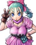 1girl 80s amania_orz big_breasts blue_eyes blue_hair bra_strap braid breasts bulma dragon_ball hand_on_hip long_hair looking_at_viewer oldschool ponytail ribbon shiny shiny_clothes v white_background 