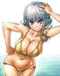  1girl amania_orz bare_shoulders big_breasts bikini blue_eyes blush braid breasts cleavage gradient_background hair_ornament hair_ribbon hairclip hand_on_head hand_on_hip looking_at_viewer navel ribbon seolla_schweizer short_hair side_braid silver_hair skindentation smile super_robot_wars swimsuit water 