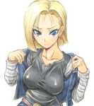  1girl amania_orz android_18 big_breasts black_clothes black_shirt blonde_hair blue_eyes breasts collarbone dragon_ball dragon_ball_z earrings jacket looking_at_viewer shiny shiny_clothes short_hair white_background 