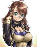  00s 1girl amania_orz big_breasts braid breasts brown_hair cleavage cleavage_cutout glasses gradient_background green_eyes long_hair looking_at_viewer shiny shiny_clothes shion_uzuki side_braid smile upper_body xenosaga 