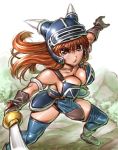  1girl amania_orz armor bare_shoulders big_breasts bikini_armor breast_press breasts cleavage daisy_(dq) dragon_quest dragon_quest_yuusha_abel_densetsu long_hair looking_at_viewer serious shiny shiny_clothes shiny_skin skindentation stockings sword weapon 