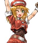 1girl ;d amania_orz arms_up belt black_gloves blonde_hair breasts capcom covered_navel gloves green_eyes hat long_hair medium_breasts one_eye_closed open_mouth outstretched_arms red_shorts rockman rockman_dash roll_caskett short_sleeves shorts simple_background smile white_background 