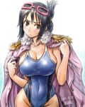  1girl amania_orz big_breasts black_hair breasts cleavage clothed_navel coat curvy glasses glasses_on_head gradient_background highleg highleg_swimsuit looking_at_viewer navel one-piece_swimsuit one_piece shiny shiny_clothes short_hair skindentation sweatdrop swimsuit tashigi 
