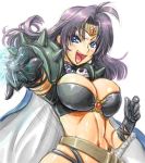  1girl amania_orz big_breasts blue_eyes breasts circlet cleavage gloves jewelry long_hair magic naga_the_serpent navel necklace open_mouth purple_hair revealing_clothes shiny shiny_skin shoulder_pads simple_background skindentation slayers smile spikes white_background 