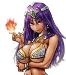  1girl amania_orz arm_under_breasts armor bare_shoulders big_breasts bikini_armor blush breasts circlet cleavage dancer&#039;s_costume_(dq) dark-skinned_female dark_skin dragon_quest dragon_quest_iv fire huge_breasts long_hair looking_at_viewer magic manya purple_eyes purple_hair shiny shiny_skin smile underboob upper_body white_background 