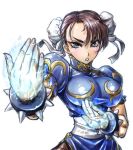  1girl amania_orz big_breasts bracelet breasts brown_eyes brown_hair bun_cover china_dress chinese_clothes chun-li double_bun dress fighting_stance jewelry qipao shiny shiny_clothes spiked_bracelet spikes street_fighter street_fighter_v white_background 