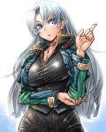  1girl 1girl amania_orz black_clothes blue_eyes breasts calvina_coulange choker cleavage gradient_background huge_breasts jacket jewelry long_hair necklace shiny shiny_clothes silver_hair super_robot_wars super_robot_wars_judgement super_robot_wars_og_moon_dwellers 