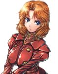  1girl amania_orz big_breasts blue_eyes blush breasts cecily_fairchild gundam gundam_f91 orange_hair parted_lips red_clothes red_jacket white_background 