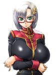  1girl amania_orz big_breasts breast_rest breasts character_request crossed_arms dated error glasses green_eyes gundam huge_breasts light_frown long_sleeves looking_at_viewer military military_uniform pinky_out pursed_lips red-framed_eyewear semi-rimless_glasses shiny shiny_clothes shiny_hair short_hair silver_hair simple_background twitter_username under-rim_glasses uniform upper_body white_background zeta_gundam 