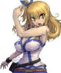 &gt;:o 1girl :o amania_orz armpits bare_shoulders belt_pouch big_breasts blonde_hair blue_ribbon blush bracelet breasts cleavage earrings fairy_tail hair_between_eyes hair_ribbon heart heart_earrings jewelry key long_hair looking_at_viewer lucy_heartfilia one_side_up open_mouth ribbon sidelocks upper_body vest white_background yellow_eyes zipper 