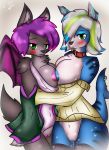  1girl 2017 absurd_res anthro areola bat big_breasts black_nose blue_body blue_nipples blue_pussy blue_skin blush breast_squish breasts canine clitoris clothing cute digital_media_(artwork) duo e-01 female/female fish fur furry green_eyes grey_fur hair high_res hugging hybrid ino_(theokon) looking_at_viewer mammal marine multicolored_fur multicolored_hair nipples nude pink_nipples pink_pussy purple_hair pussy pussy_juice shark simple_background size_difference smile white_body white_fur white_hair white_skin wings wolf 