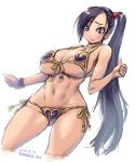  1girl amania_orz bare_shoulders big_breasts bikini blush breasts cleavage collarbone dated dragon_quest dragon_quest_xi front-tie_bikini front-tie_top hips long_hair looking_at_viewer martina_(dq11) navel parted_lips ponytail shiny shiny_skin side-tie_bikini side-tie_bottom simple_background text thighs twitter_username under_boob very_long_hair white_background 