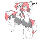  1girl 2016 anthro blush breasts canine duo english_text fur furry green_eyes grey_fur hair hybrid kribbles male mammal nipples nude penis phone raccoon red_hair rikki selfpic signature simple_background smile square_crossover testicles text tongue tongue_out white_background white_fur wolf 