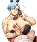  1boy 1girl absurd_res animal_ears big_breasts breasts bulma_brief bunny_bulma bunny_ears bunnysuit cellphone clothing donaught dragon_ball handjob high_res high_resolution huge_breasts male male/female mature_female milf naughty_face oolong penis phone seductive_look seductive_smile short_hair smile tagme 