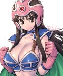  1girl amania_orz armor big_breasts bikini_armor black_hair breasts brown_eyes cape chichi choker cleavage collarbone dated dragon_ball elbow_gloves gloves helmet long_hair looking_at_viewer pauldrons pink_gloves shiny shiny_hair sidelocks smile twitter_username upper_body white_background 