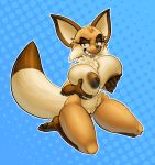 1girl 2017 5_fingers anthro areola big_breasts big_ears blue_background breast_fondling breasts brown_fur brown_nose canine dotted_background eyelashes female_only fennec fluffy_tail fondling fox fur furry green_eyes grin half-closed_eyes hand_on_breast holding_breasts huge_breasts inverted_nipples kneel looking_at_viewer mammal multicolored_fur naughty_face neck_tuft nipples nude oscar&#039;s_oasis pattern_background pawpads popy puffy_areola pussy sharp_teeth simple_background smile solo_female tan_fur teckworks teeth thick_thighs tuft 