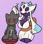  1girl 2017 banette big_breasts blush body_zipper bondage bound breasts clothing digital_media_(artwork) duo froslass ghost humanoid male mouth_zipper mr.under nintendo not_furry nude open_mouth penis pokemon red_eyes sex_toy simple_background smile spirit vibrator video_games zipper 