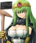 1girl amania_orz big_breasts blush breasts c.c. cape circlet cleavage code_geass cosplay dated dragon_quest dragon_quest_iii elbow_gloves gloves green_hair long_hair looking_at_viewer sage_(dq3) sage_(dq3)_(cosplay) shiny shiny_hair sidelocks skindentation smile staff translated twitter_username white_background yellow_eyes 