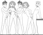  2girls 3guys ann_possible ass ass_grab barefoot breast_grab breasts disney from_behind grown_up incognitymous_(artist) jim_possible kim_possible kimberly_ann_possible long_hair looking_at_viewer milf monochrome navel nipples nude penis penis_grab pussy ron_stoppable short_hair sideboob smile tim_possible twins vaginal_penetration white_background 