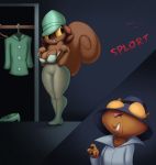  1boy 1girl agent_penny anthro areola barefoot big_thighs black_eyes blood bra breasts brown_fur brown_hair buckteeth cap caught cleavage clothed clothing coat duo english_text female fluffy_tail fur furry hair hanna-barbera hat legwear long_tail male mammal nipple_slip nosebleed pantyhose penny_squirrel rodent secret_squirrel secret_squirrel_show short_hair simple_background squirrel teeth text thingshappen toony underwear undressing yellow_sclera 