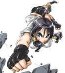  1girl amania_orz ass black_hair blue_eyes breasts dated dragon_ball dragon_ball_z fingerless_gloves looking_at_viewer punch tagme text twin_tails twitter_username videl white_background 