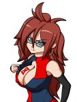  1girl android_21 artist_request bare_shoulders big_breasts blue_eyes breasts brown_hair cleavage cleavage_cutout curly_hair detached_sleeves dragon_ball dragon_ball_fighterz earrings erect_nipples glasses long_hair looking_at_viewer parted_lips simple_background smile upper_body white_background 