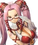  .hack .hack// .hack//g.u 1girl adjusting_glasses amania_orz bare_shoulders between_breasts big_breasts blush breast_hold breasts brown_eyes cleavage eyelashes glasses gloves long_hair looking_at_viewer neck_tie orange_necktie pi pi_(.hack//) pink_hair red-framed_glasses semi-rimless_glasses shirt signature simple_background skindentation sleeveless sleeveless_shirt smile tattoo twin_tails under-rim_glasses upper_body white_background white_gloves 