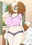 1girl 2017 anthro bailey_(boxollie) bed bedroom belly big_breasts boxollie breasts canine clothed clothing collarbone curtains digital_media_(artwork) dog eyewear furry glasses green_eyes half-closed_eyes hand_on_bed inside leaves looking_at_viewer mammal midriff navel nipple_bulge original panties shirt slightly_chubby thick_thighs underwear voluptuous wide_hips window